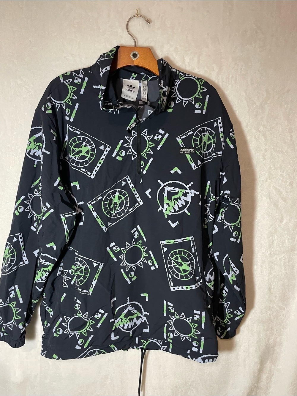 adidas Adventure Navy Pullover Windbreaker with Lime & White Graphic Pattern